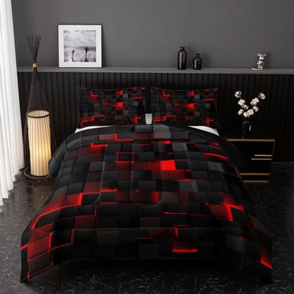 Nttopship Neon Red Black Comforter Set Twin Geometric Kids Bedding Set,3 PCS Geometry Honeycomb Bed Set Modern Quilt Set 1 Comforter 2 Pillow Cases Cool Room Decor All Season B-Side Black