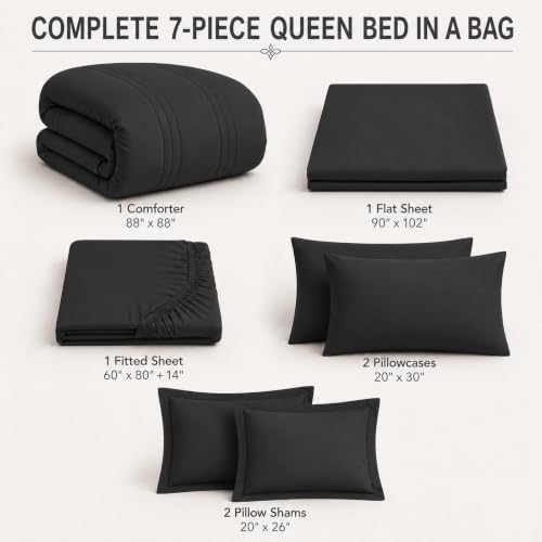 Queen Comforter Set with Sheets, 7-Piece Bed in a Bag Queen Black