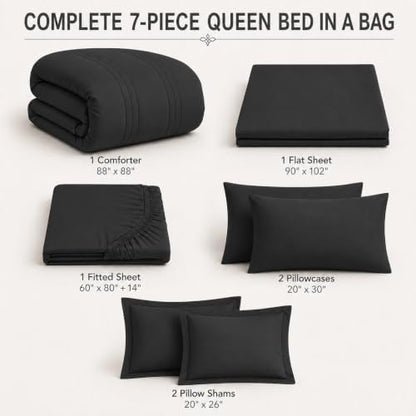 Queen Comforter Set with Sheets, 7-Piece Bed in a Bag Queen Black
