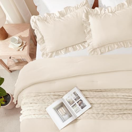 Andency Beige Ruffle Comforter Twin XL, 2 Pieces Solid Farmhouse Bed