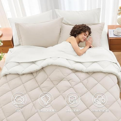 MUXHOMO 7 Pieces King Comforter Set, Reversible Bed in a Bag King Size, All Season Bedding Set with Comforter, Flat Sheet, Fitted Sheet, Pillowcases & Shams, Beige & White
