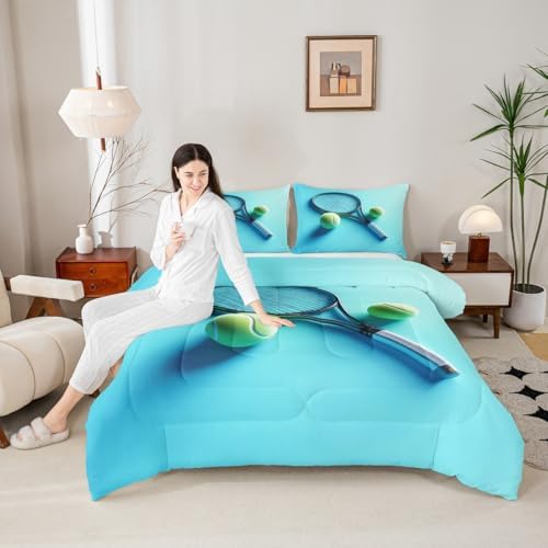 Castle Fairy Tennis Racket Bedding Set King Size Modern Fashion Sports Comforter for Child Teens Tennis Ball Gaming Down Comforter Sport Competition Duvet Insert with 2 Pillowcases