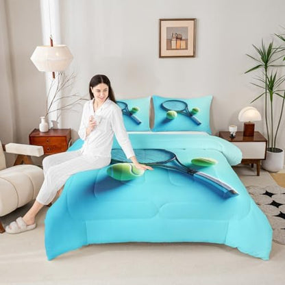 Castle Fairy Tennis Racket Bedding Set Queen Size Modern Fashion Sports Comforter for Child Teens Tennis Ball Gaming Down Comforter Sport Competition Duvet Insert with 2 Pillowcases