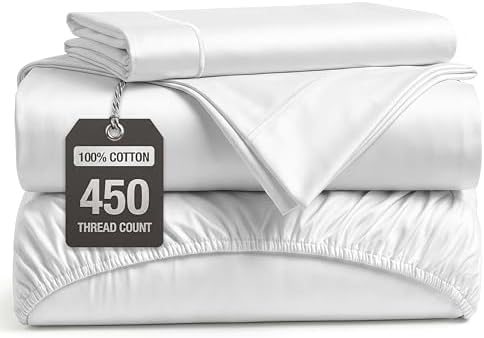 450TC 100% Long-Staple Cotton Twin Bed Sheets - Soft Sateen Weave, White