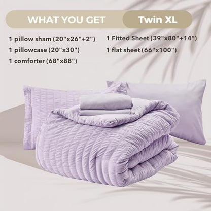 HYMOKEGE Lavender Twin XL Comforter Set Seersucker 5 Pieces, All Season Luxury Bed in a Bag for Bedroom, Bedding Set with Comforter, Sheets, Pillowcase & Sham