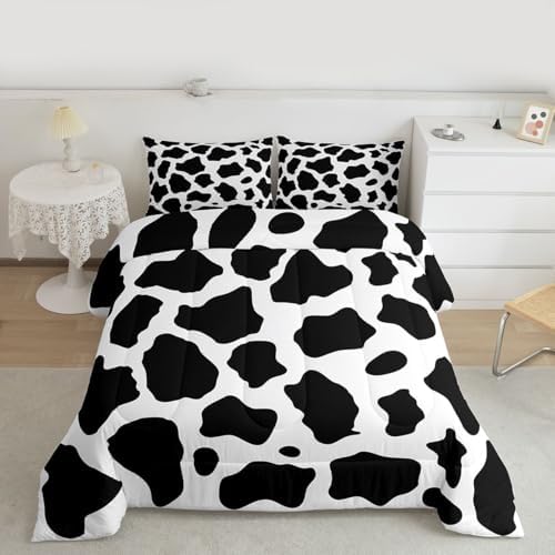 jejeloiu Cow Fur Print Bedding Set Soft for Boys Girls, Animal Skin Comforter Set Queen Size Cowhide Duvet Quilt Microfiber Bedroom Decor 3 Pcs with 2 Pillow Cases