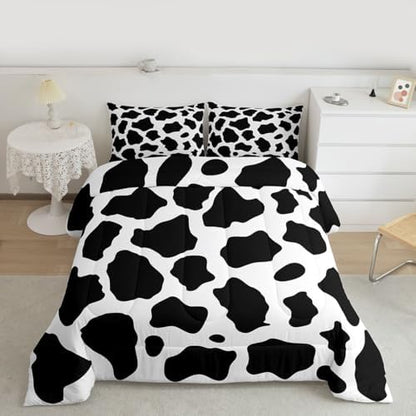 jejeloiu Cow Fur Print Bedding Set Soft for Boys Girls, Animal Skin Comforter Set Queen Size Cowhide Duvet Quilt Microfiber Bedroom Decor 3 Pcs with 2 Pillow Cases