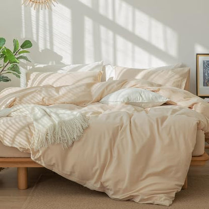 MooMee Bedding Duvet Cover Set 100% Washed Cotton Linen Like Textured Breathable Durable Soft Comfy (Solid Sandy Beige, Twin 68"x90")