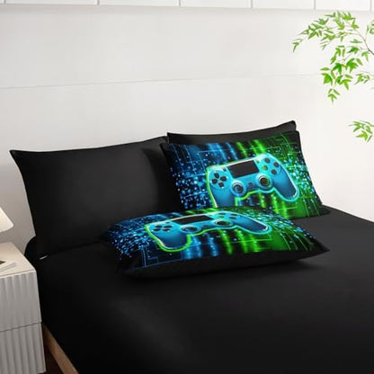 7Pcs Gamer Comforter Set 3D Gamepad Printed Bedding Set with 1 Comforter, 1 Flat Sheet, 1 Fitted Sheet and 4 Pillowcases for Boys and Girls Bedroom (Gamepad Twin