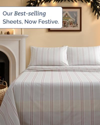 Christmas Sheet Set, Red Dot Stripe, Holiday Xmas Bedding Set - Cal King