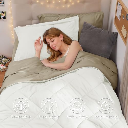MUXHOMO 5 Pieces Twin XL Comforter Set, Reversible Bed in a Bag Twin XL Size, All Season Bedding Set with Comforter, Flat Sheet, Fitted Sheet, Pillowcases & Shams, Ivory & Khaki
