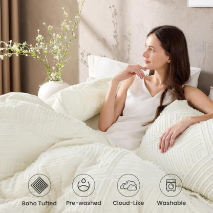 JOLLYVOGUE Twin/Twin XL Comforter Set, Boho Tufted 2PCS Bed Set, Ivory