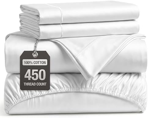 450TC 100% Cotton California King Bed Sheets - Soft Sateen Weave, White