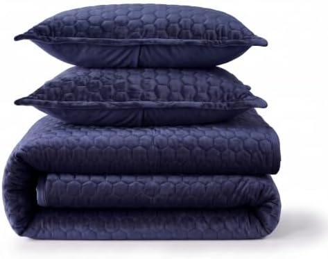 Tribeca Living Lugano Oversized Velvet Quilt Set - All Season, Extra Large, 3 Piece Queen Size Comforter Set with 2 Pillow Shams in Indigo Honeycomb Pattern 260GSM