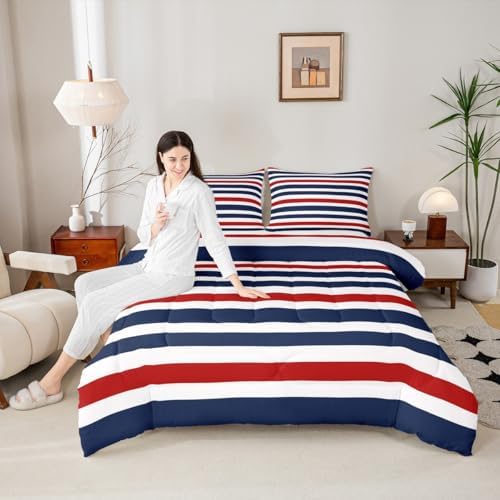 Homewish Geometric Stripes Comforter Set King Size,Abstract Art Bedding Sets 3Pcs for Kids Girls Boys Women Room Decor,Navy Blue and Red Quilted Duvet Modern Simple Down Comforter,2 Pillowcases