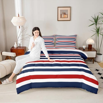 Homewish Geometric Stripes Comforter Set King Size,Abstract Art Bedding Sets 3Pcs for Kids Girls Boys Women Room Decor,Navy Blue and Red Quilted Duvet Modern Simple Down Comforter,2 Pillowcases