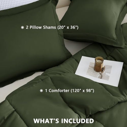 CozyLux Oversized King Comforter Set, 3-Piece Box-Stitched, Olive Green