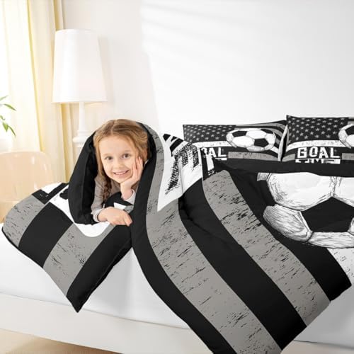 Boys Football Comforter Set Full, American Flag Duvet Sets Soccer Sports Games Down Comforter for Kids Teens Adult Bedroom, United States Stars Stripe Bedding Set with 2 Pillowcases, Black White