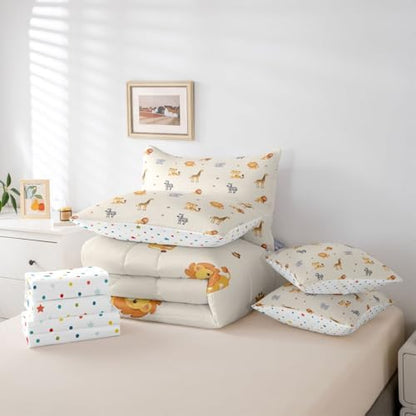 Erosebridal Cute Animals 7 Pieces Bedding Set Cartoon Giraffe Lion Tiger Wildlife Twin Comforter Set Kids Zoo Wild Animals Bed in A Bag with Flat and Fitted Sheet Elephant Zebra Woodland Bed Set