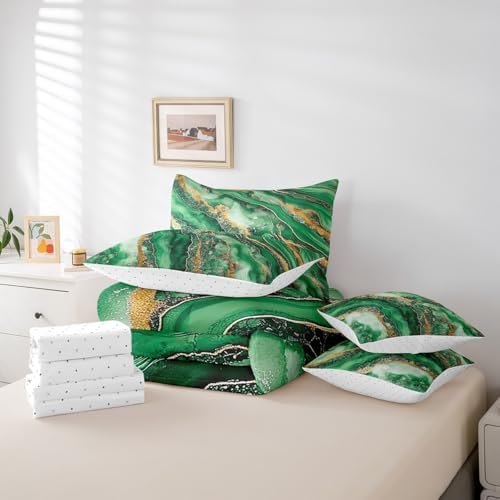 Erosebridal Marble Texture Bedding Set for Kids Teens,Green Golden Marble Grain Comforter Set Full Size,Tie Dye (Comforter+Fitted+Flat Sheet+2 Pillowcases+2 Throw Pillow Covers) 7 Pieces Bed Set