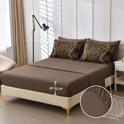 WONGS BEDDING Damask Comforter Set King Size, Coffee Gold Texture Design 7 Pcs Bed in a Bag Microfiber Comforter Bedding Sets -1 Comforter, 1 Flat Sheet, 1 Fitted Sheet, 2 Pillow Shams,2 Pillowcases