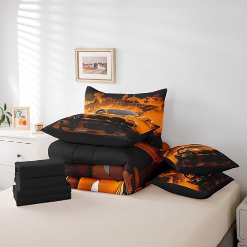 jejeloiu Kids Race Car Comforter Set with Sheets Full Size Extreme Sport Games Bedding Set for Boys Girls Bedroom Decor Modern Orange Bed in a Bag Soft Lightweight Microfiber