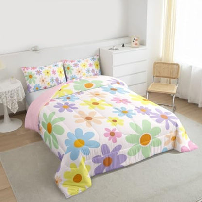 jejeloiu Cute Flower Kids Comforter Set Toddler Size Cartoon Floral Bedding Set Kawaii Duvet Quilt for Kids Boys Girls Bedroom Blossom Flowers Pattern Decor Microfiber Ultra Soft Breathable