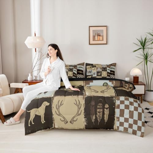 Feelyou Rustic Cabin Country King Comforter Set with Sheets for Kids Boys Girls Deer Hunting 7 Pieces Bedding Set Checkered Vintage Bed in a Bag Room Decor Soft Lightweight Microfiber
