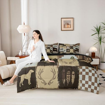 Feelyou Rustic Cabin Country King Comforter Set with Sheets for Kids Boys Girls Deer Hunting 7 Pieces Bedding Set Checkered Vintage Bed in a Bag Room Decor Soft Lightweight Microfiber