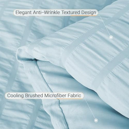 MUXHOMO 5 Pieces Twin XL Comforter Set, Seersucker Bed in a Bag Twin XL Size, All Season Luxury Bedding Set with Comforter, Flat Sheet, Fitted Sheet, Pillowcase & Sham, Lake Blue