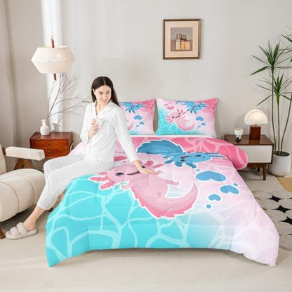 Castle Fairy Cute Axolotls Comforter Set King Size Watercolor Pink Sea Blue Bedding Set 3pcs for Kids Girls Boys Teens Room Decor Ocean Style Fish Quilt Set Kawaii Romantic Duvet Insert,2 Pillowcases