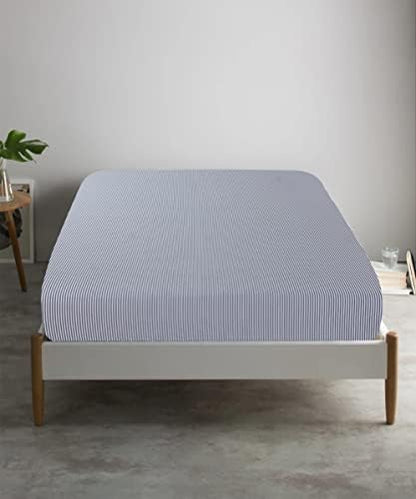 Feather & Stitch Fitted Sheet Only, 100% Cotton 300TC Lightweight Cooling & Breathable Percale Weave Fitted Sheet 16" Regular Elastic Deep Pocket Soft Bedding Mattress (Full, Grey Stripe)