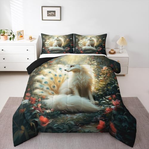 Nine-tailed Fox Kids Comforter Set Full Size,Poppy Flowers Leaf Botanical Natural Bedding Set,Girls Boys Room Decor,Wildlife Animals Mysterious Quilt Comforter,Rustic Duvet Insert,2 Pillowcases