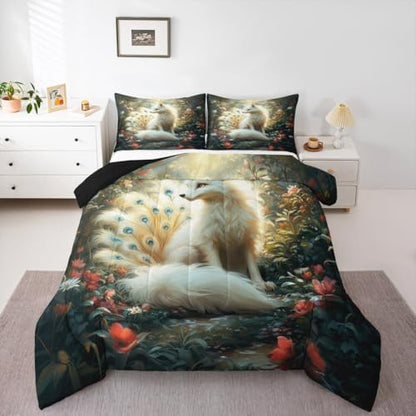 Nine-tailed Fox Kids Comforter Set Full Size,Poppy Flowers Leaf Botanical Natural Bedding Set,Girls Boys Room Decor,Wildlife Animals Mysterious Quilt Comforter,Rustic Duvet Insert,2 Pillowcases