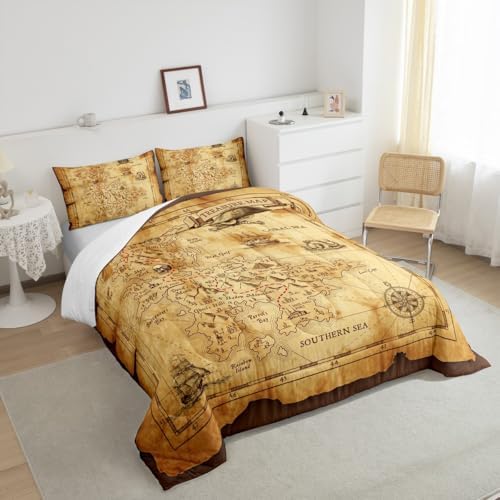 Nautical Map Comforter Set Twin Size,Pirate Boat Compass Bedding Set 2Pcs,Kids Boys Teens Adult Bedroom Decor Ocean Adventure Quilt Set Vintage Brown Duvet Insert with 1 Pillowcase