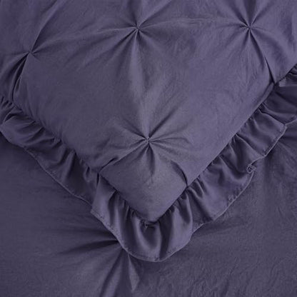 Chezmoi Collection Aria 3-Piece Pintuck Ruffle Skirt Bedspread Set - Lightweight Pinch Pleat Crinkled Texture Microfiber Bedding - French Country Chic Farmhouse - Full, Dusty Purple