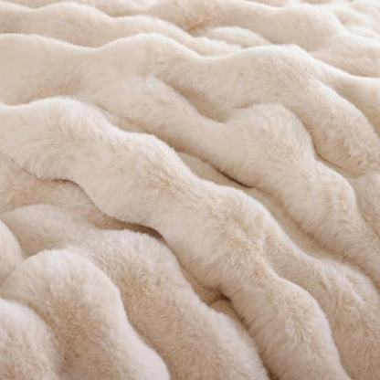 YIKUSH Queen Faux Fur Soft Comforter Set, Fluffy Beige Rabbit Fur Comforter