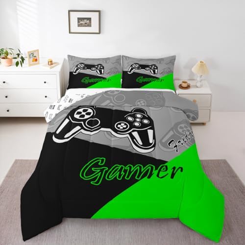 Feelyou Gamer Comforter Set Gaming Bedding Set for Teens Boys Video Game Decor Comforter Game Controller Quilted Duvet Set 1 Comforter with 2 Pillowcases King Green
