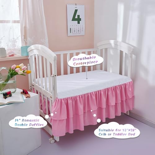 JSD Pink Crib Bed Skirt 14 in Deep Drop Dust Ruffle Double Layer Microfiber Nursery Bedding Skirt for Baby Girls