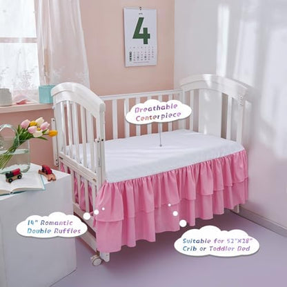 JSD Pink Crib Bed Skirt 14 in Deep Drop Dust Ruffle Double Layer Microfiber Nursery Bedding Skirt for Baby Girls