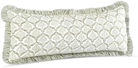 CPC Block Print Fern Regal Ruffle Cotton Lumbar Pillow Cover 14x36 inch