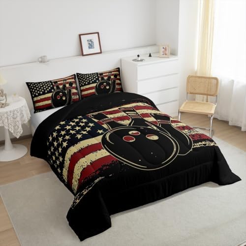Erosebridal American Flag Bedding King Black Bowling Print Comforter 3pcs Kids Sports Gaming Bedding Comforter Sets for Boys Bowling Quilt Retro Stripes Bedroom Set for All Seasons with 2 Pillowcase