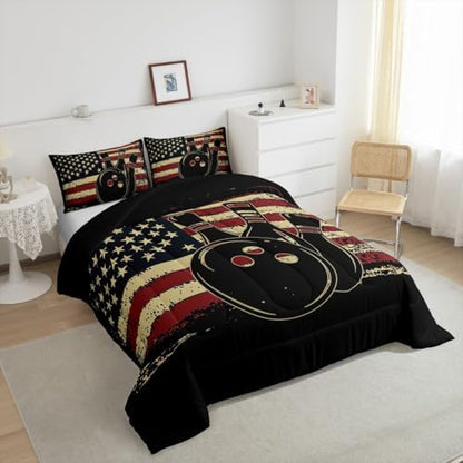 Erosebridal American Flag Bedding King Black Bowling Print Comforter 3pcs Kids Sports Gaming Bedding Comforter Sets for Boys Bowling Quilt Retro Stripes Bedroom Set for All Seasons with 2 Pillowcase