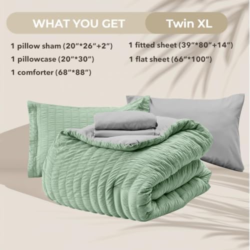 HYMOKEGE Sage Green/Light Grey Twin XL Comforter Set Seersucker 5 Pieces, All Season Luxury Bed in a Bag for Bedroom, Bedding Set with Comforter, Sheets, Pillowcase & Sham