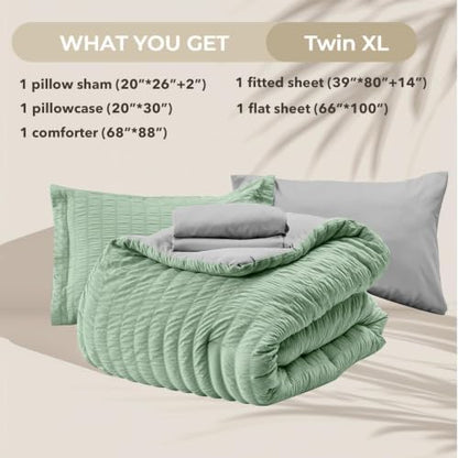 HYMOKEGE Sage Green/Light Grey Twin XL Comforter Set Seersucker 5 Pieces, All Season Luxury Bed in a Bag for Bedroom, Bedding Set with Comforter, Sheets, Pillowcase & Sham