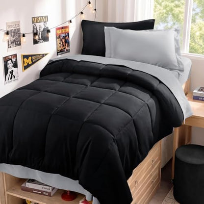 JOLLYVOGUE Twin Comforter Set, Ultra-Soft Bed in a Bag Twin Size 5 Pieces, Oeko-TEX Certified Bedding Set with Down Alternative Comforter, Sheets, Pillowcases & Shams, Black & Light Grey