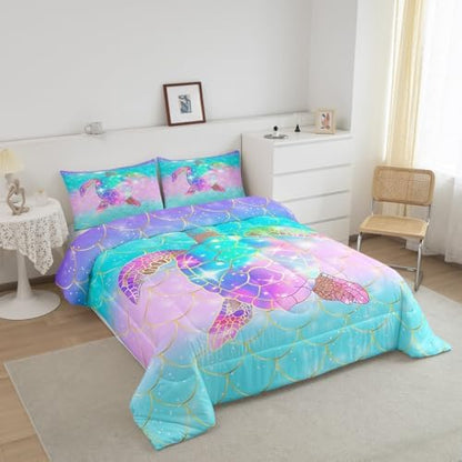 Erosebridal Mermaid Scales Comforter Set for Girls, Tortoise Reptile Bedding Set King Size, Sea Turtle Ocean Life Duvet Sets for Kids Children Boys Women, Sweet Girly Down Comforter, Teal Blue