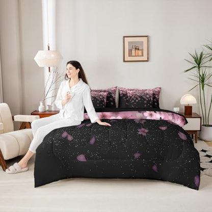 Erosebridal Cherry Blossom Twin Comforter Set Pink Flower 7 Pieces Bedding Petal Floral Bed Set with Sheets Starry Sky Girly Bed in A Bag Bedroom Decor