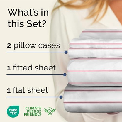 Queen 4 Piece Striped Sheet Set - Soft, Breathable & Cooling - Red Stripe