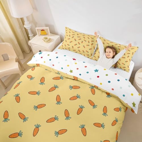 Carrot Duvet Cover Cute Cartoon Reversible Comforter Cover Set for Kids Girls Teen Soft Microfiber Bedding Set with Zipper Ties Modern Simple Style Bedspread,1 Duvet Cover with 2 Pillow Cases,Full